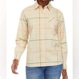 Crown & Ivy button down long sleeve plaid tan boyfriend shirt